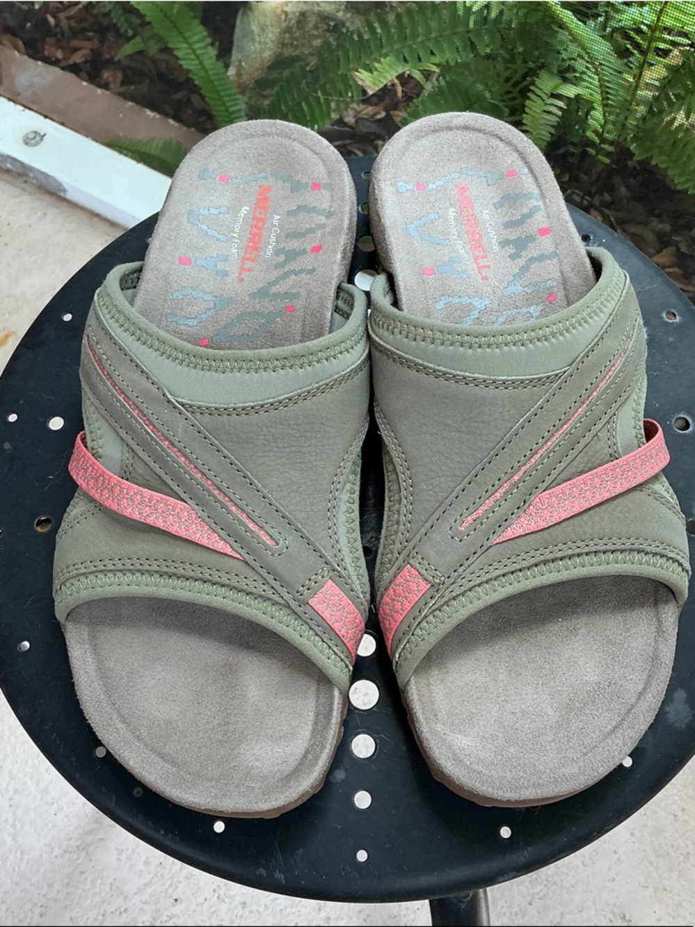 Merrell Olive Green Slide Sandals with Orange Trim